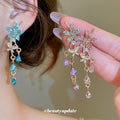 Colorful Floral Crystal Teardrop Tassel Stud Earrings view 1