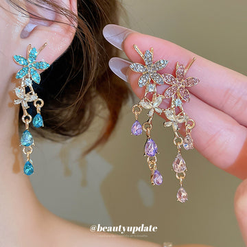 Colorful Floral Crystal Teardrop Tassel Stud Earrings