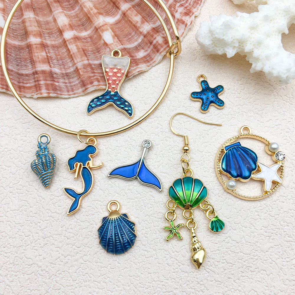 Blue Enamel Zinc Alloy Mermaid Shell Starfish Conch Charm Pendant for DIY Ocean Jewelry