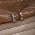 Silver Tone Irregular C Hoop Pink Accent Stud Earrings view 4