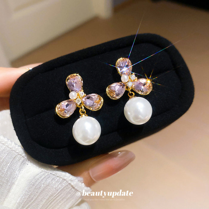 Pink Crystal Flower Drop Earrings with Pearl Look Beads