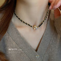 Gold Tone Black Leather Weave Chain Necklace Rhinestone Ball Clasp view 1