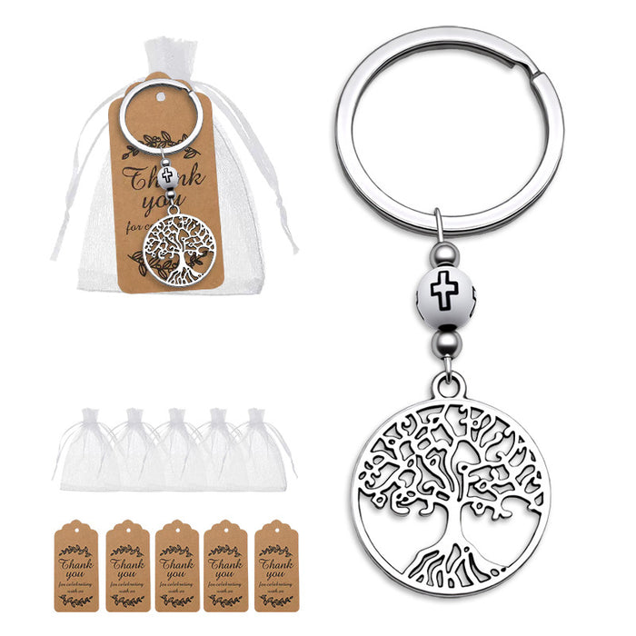 Silver Tree of Life Keychain Cross Bead Disc Charm