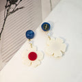 Navy Blue Cream Flower Pearl Drop Earrings Red Center view 4