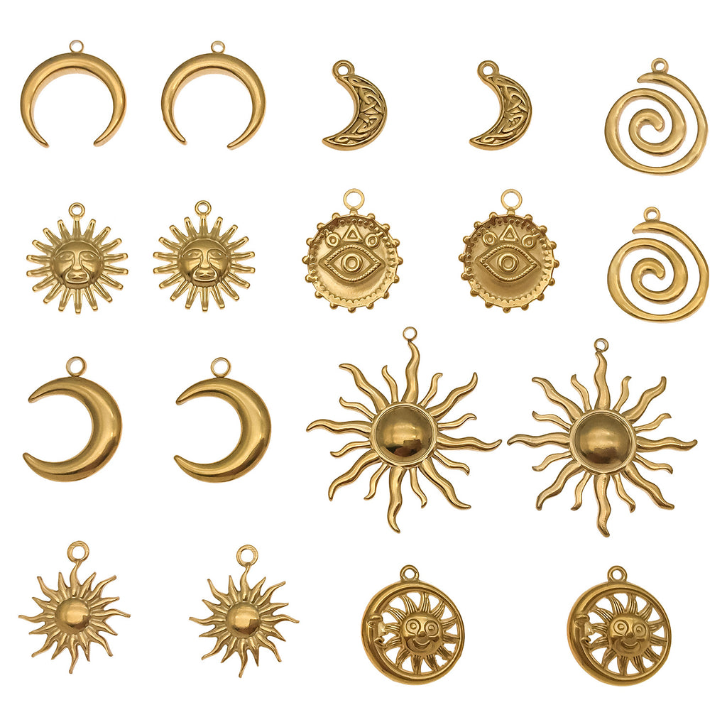 Gold Stainless Steel Sun Moon Evil Eye Charm Pendant for DIY Vintage Bracelet Jewelry