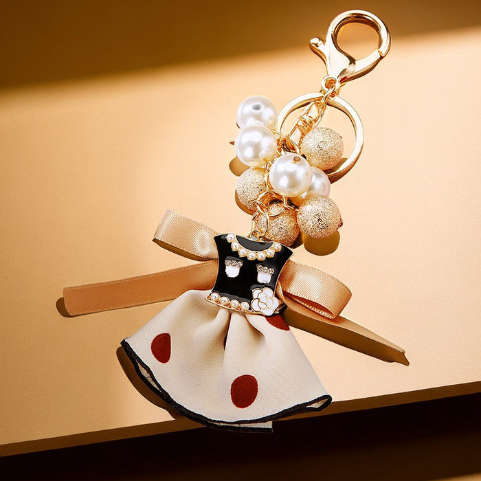 Pearl Bead Mini Dress Keychains in Polka Dot Pink Black Cream and Assorted Styles