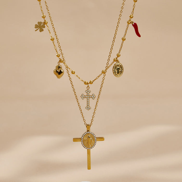 Gold Cross Necklace Zircon Halo Religious Medallion Pendant