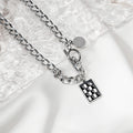 Silver Curb Chain Checkered Square Pendant Toggle Necklace view 2