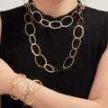 Gold Hammered Oval Link Necklace Bracelet Drop Earrings view 1