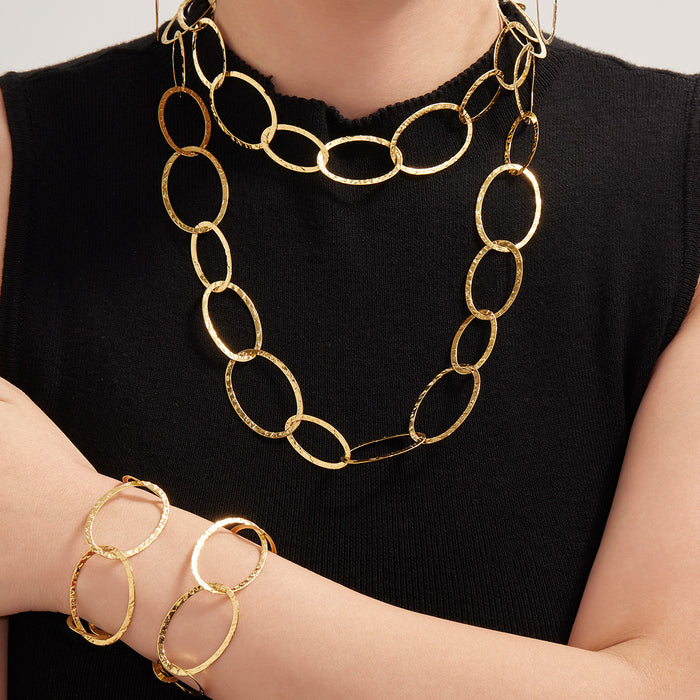 Gold Hammered Oval Link Necklace Bracelet Drop Earrings