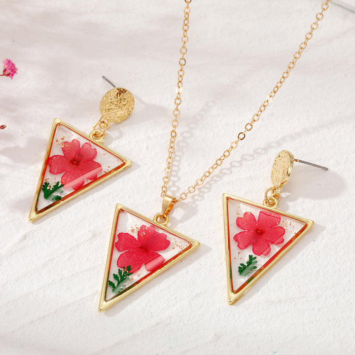 Gold Tone Triangle Red Pressed Flower Pendant Necklace and Stud Earrings