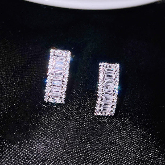 Silver Tone Baguette Crystal Rectangle Stud Earrings