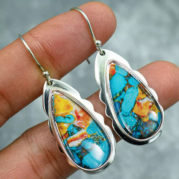 Silver Scalloped Teardrop Turquoise Hook Drop Earrings