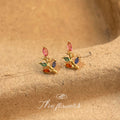 Gold Tone Multicolor Faceted Stone Leaf Branch Stud Earrings view 3