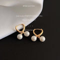 Gold Cross Twist Huggie Hoop Earrings Double White Pearls view 3