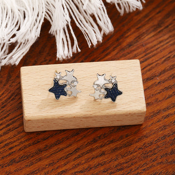 Silver Tone Starburst Navy Five Point Star Center Stud Earrings