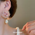 Pink Fabric Flower Stud Earrings With Pearl Drops Statement Pair view 4