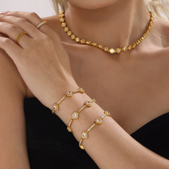 Heart Zircon Link Bracelet Stainless Steel Adjustable