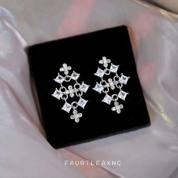 Silver Crystal Square Cascade Flower Drop Earrings Pair