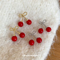 Silver Tone Double Cherry Bow Stud Earrings With Red Drops view 1