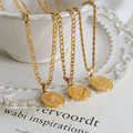 Oval Embossed Flower Pendant Necklaces Gold Steel Figaro Rope view 2