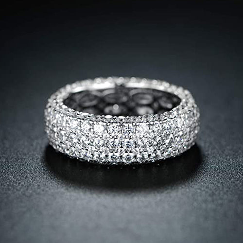 Silver Five Row Clear Stone Wide Ring Metal Jewelry Design shown in a front close-up