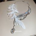 Silver Feather and Crystal Drop Necklace with Layered Chains view 4