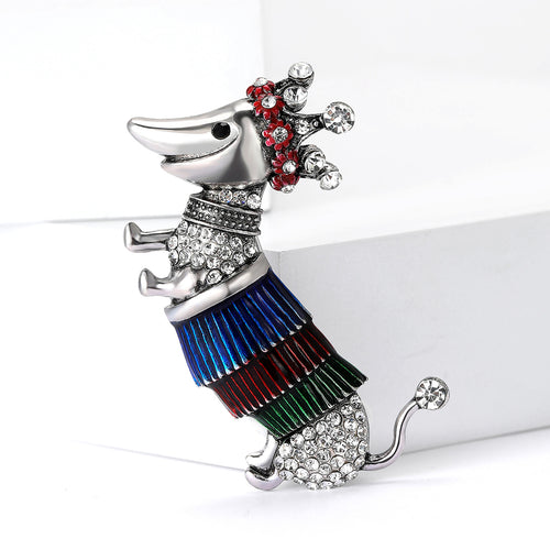 Crowned Dachshund brooch displayed at a slight angle