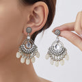 Antique Silver Oval Center Bead Fringe Jhumka Earrings view 2