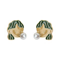 Gold Tone Green Hair Girl Face And White Pearl Bubble Stud Earrings view 5