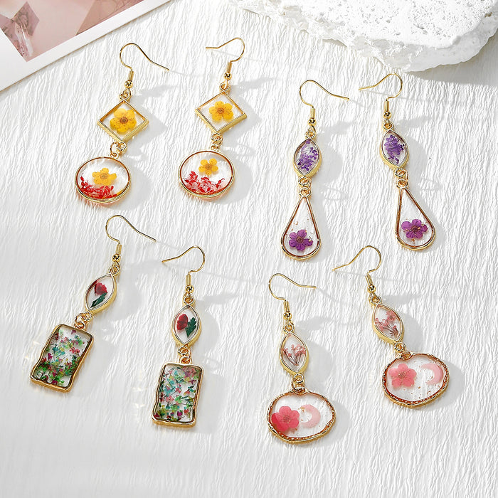 Dried Flower Resin Dangle Earrings Gold Hooks 4 Styles