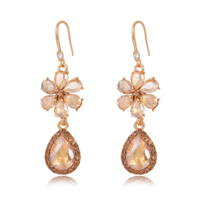 Gold Tone Champagne Floral Halo Openwork Crystal Five Designs Metal Dangle Earrings