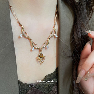 Gold Tone Sunburst and Brown Teardrop Layered Necklace