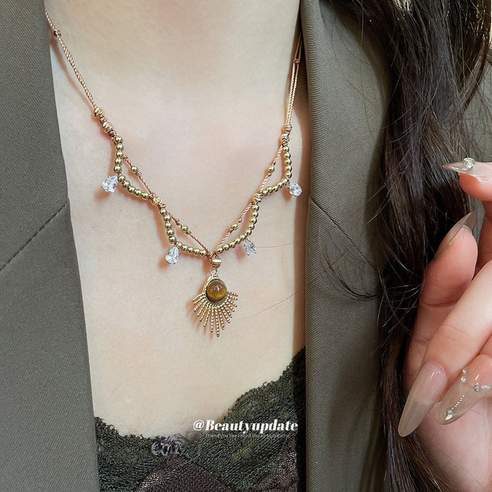 Gold Tone Sunburst and Brown Teardrop Layered Necklace