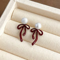Burgundy Red Enamel Bow Heart Flower Pearl Earrings view 7