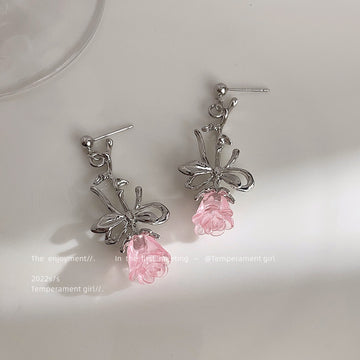 Silver Tone Rose Stem Drop Earrings Pink Translucent Flower