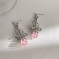 Silver Tone Rose Stem Drop Earrings Pink Translucent Flower view 1