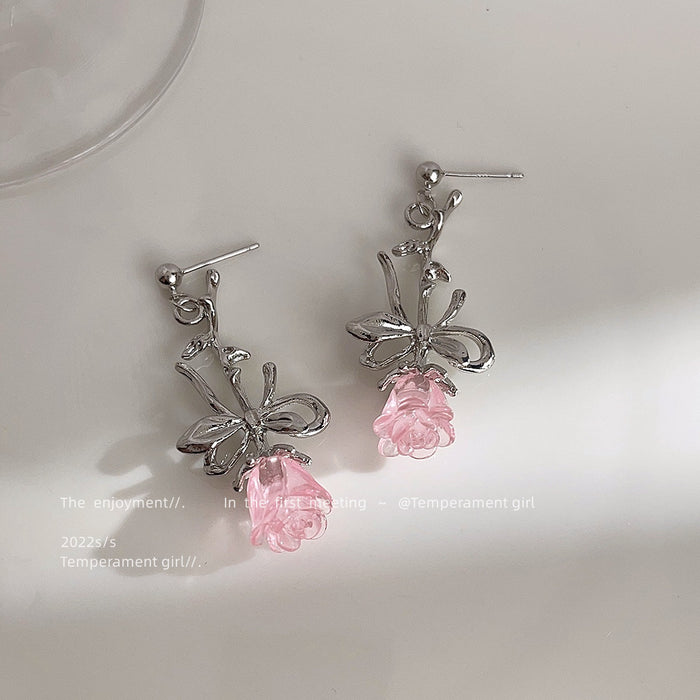 Silver Tone Rose Stem Drop Earrings Pink Translucent Flower