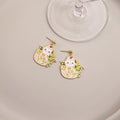 White Cat Floral Enamel Stud Earrings Gold Outline Daisy Leaves view 3