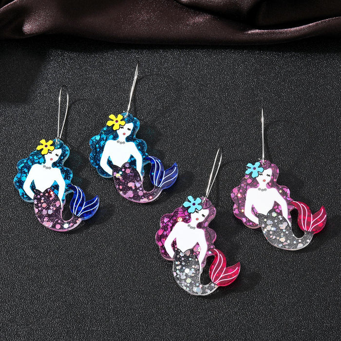 Silver Tone Glitter Mermaid Acrylic Long Hook Earrings