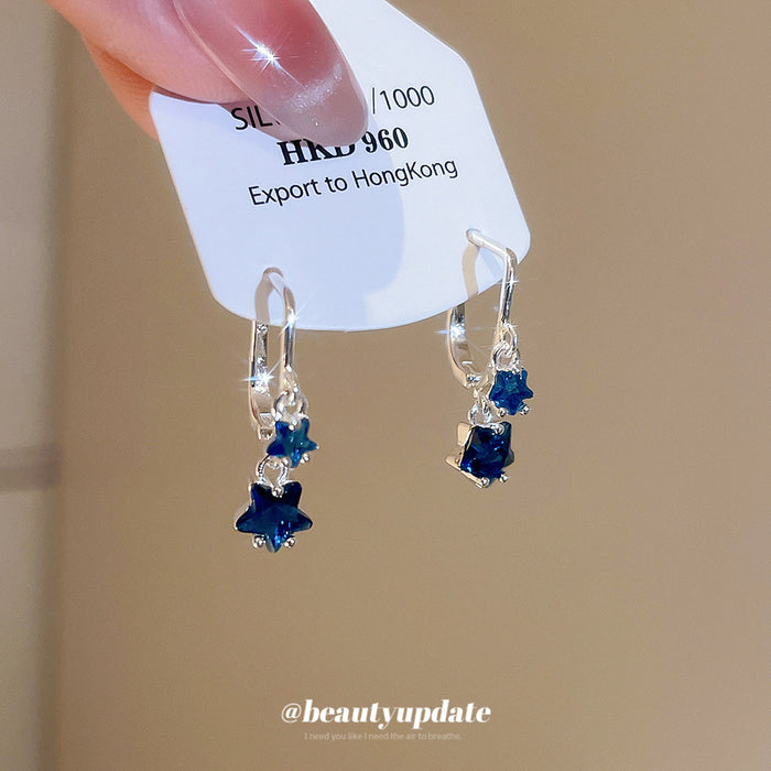 Silver Tone Blue Star Crystal Hoop Earrings Fashion Jewelry