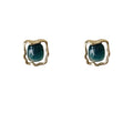 Blue Green Square Cabochon Stud Earrings Gold Wavy Frames view 5