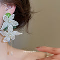 White Lace Floral Earrings With Green Leaves and Bead Drops view 3