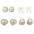 Gold Tone Pearl Bow Heart and Geometric Stud Earrings view 1