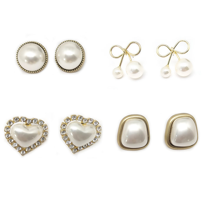 Gold Tone Pearl Bow Heart and Geometric Stud Earrings