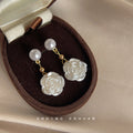 Pearl Stud Camellia Flower Drop Earrings Gold Bead Accent view 3