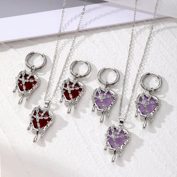 Melting Heart Pendant Necklaces and Huggie Earrings in Silver Tone