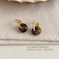 Gold Huggie Hoop Earrings Brown Tiger Eye Donut Stone view 3