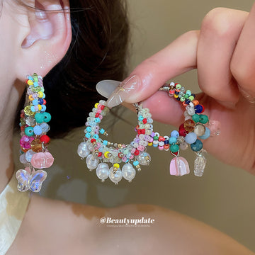 Colorful Beaded Hoop Earrings With Pearl and Charm Drops