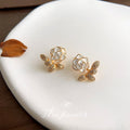 Gold White Enamel Camellia Pave Leaf Jacket Earrings view 4